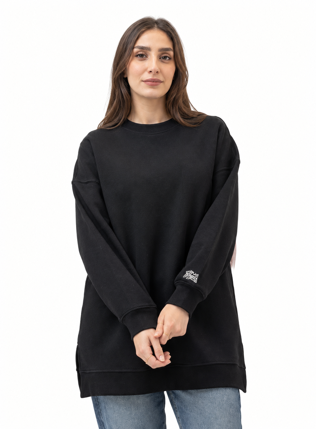Black Long V-Over Size Sweatshirt Round
