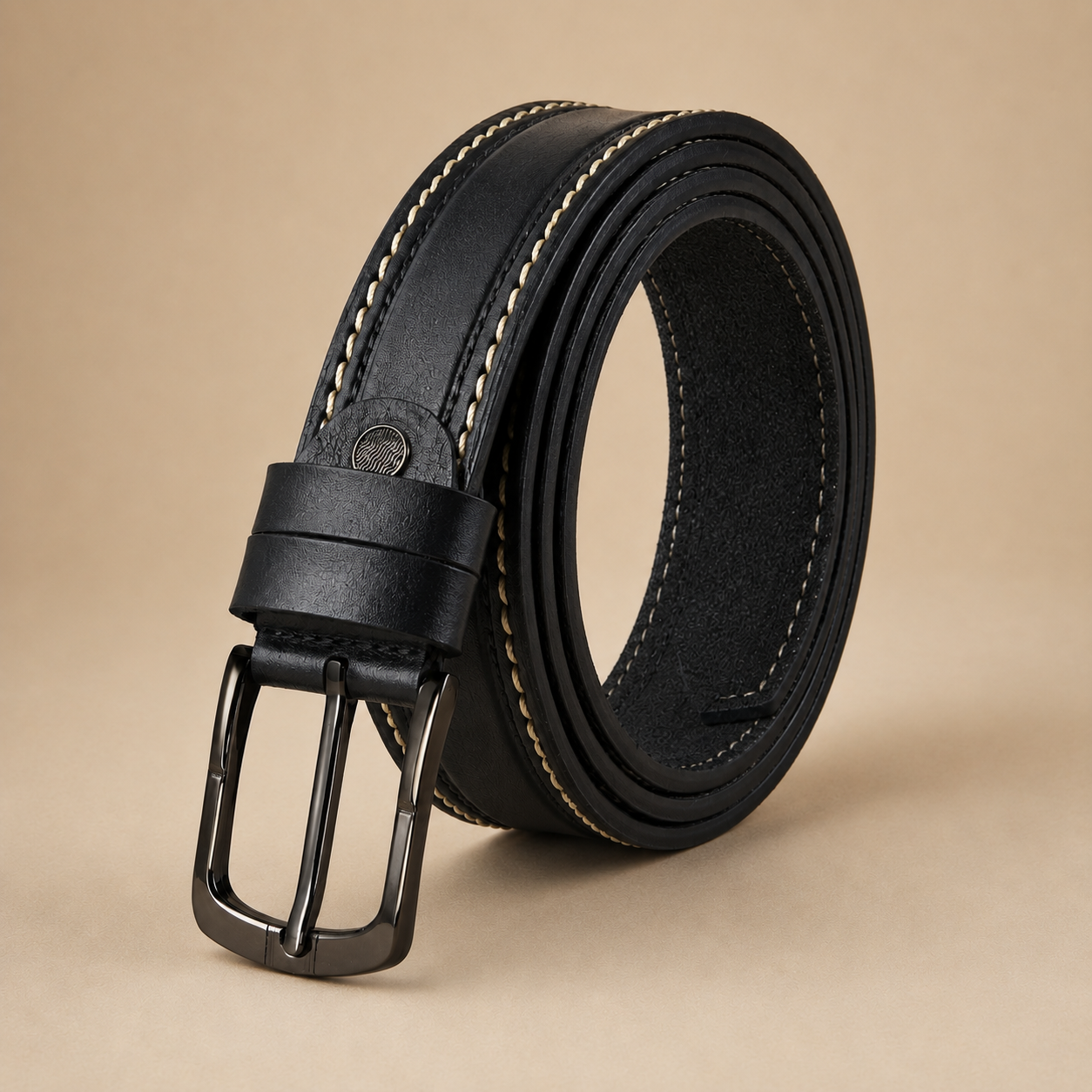 Men's Casual Genuine Leather Belt, Black — Contrast Stitch