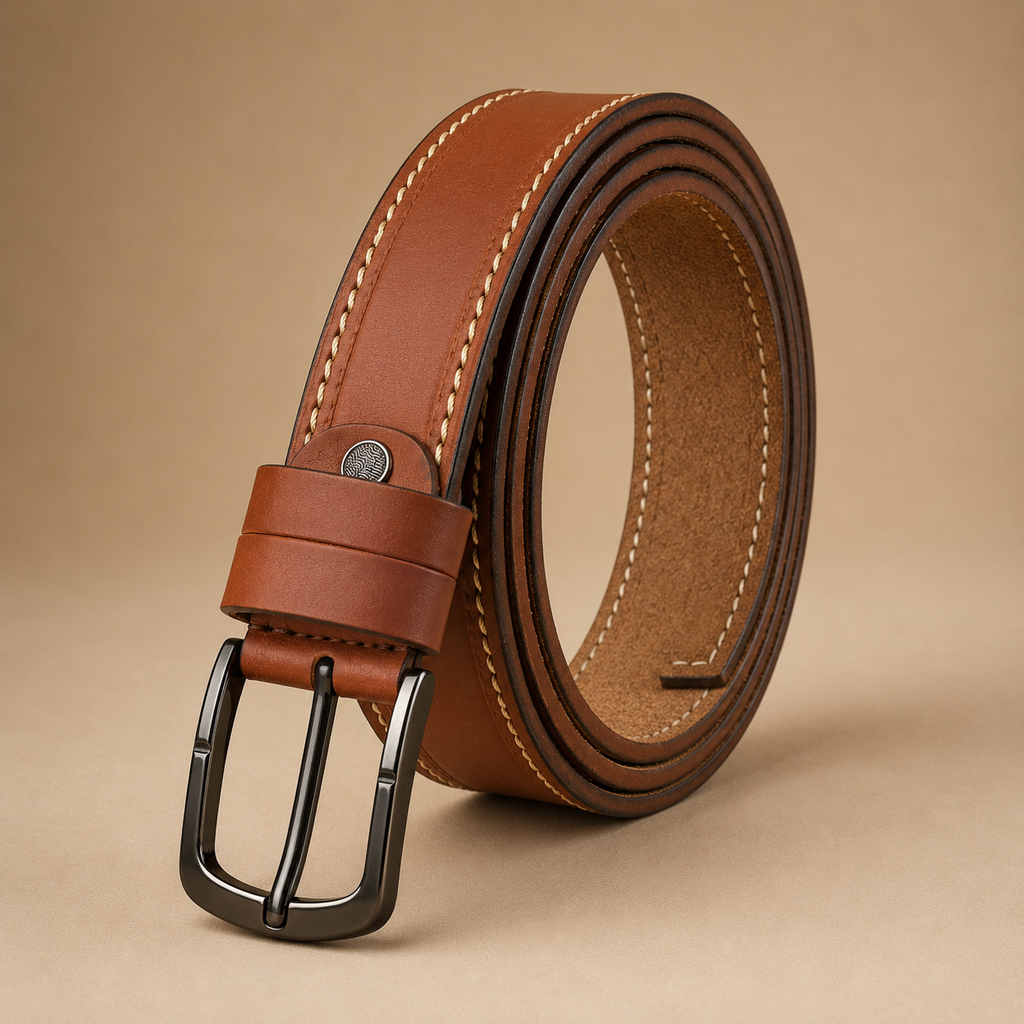 Men's Casual Genuine Leather Belt, Camel — Contrast Stitch