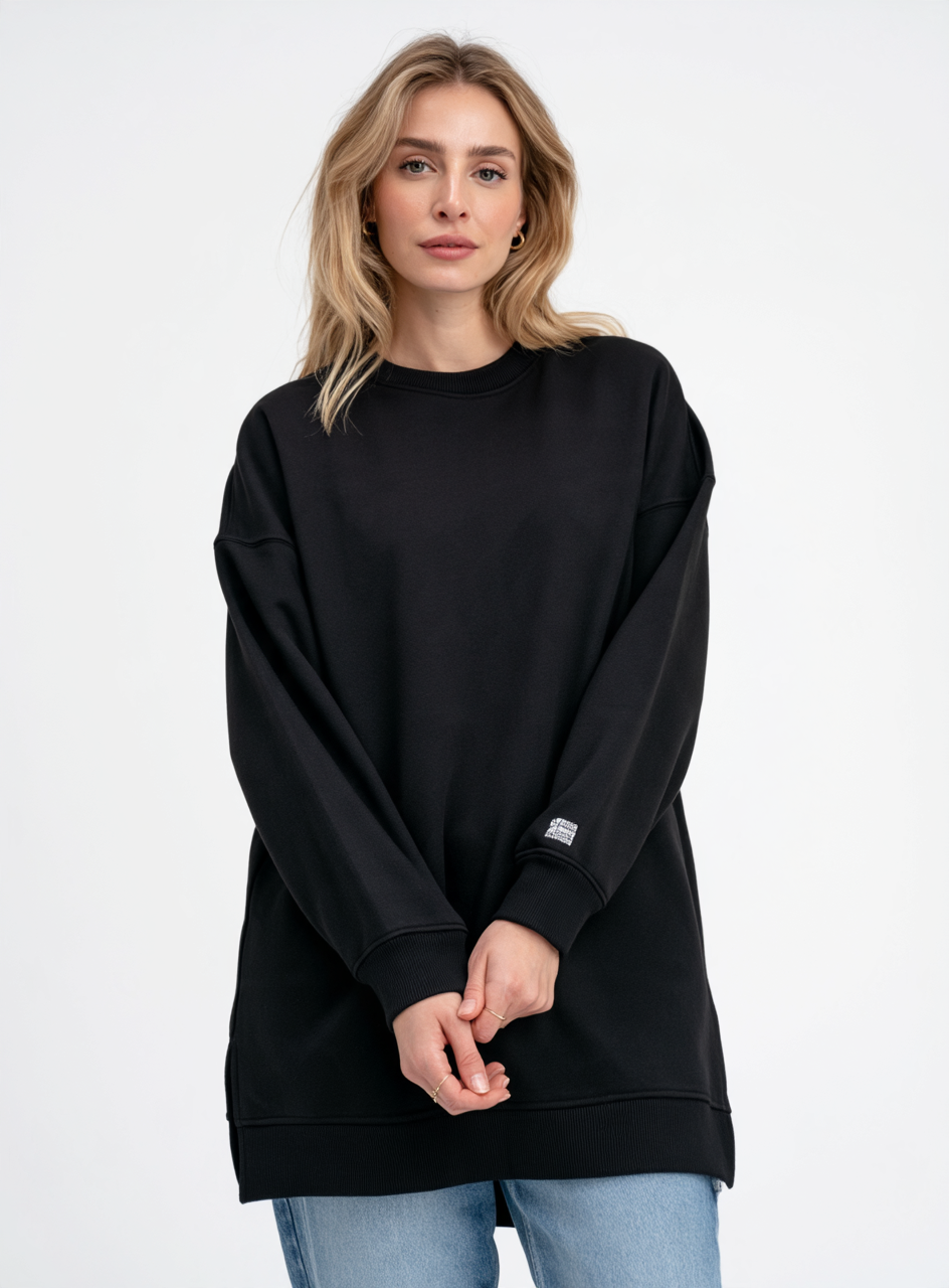 Black Long V-Over Size Sweatshirt Round
