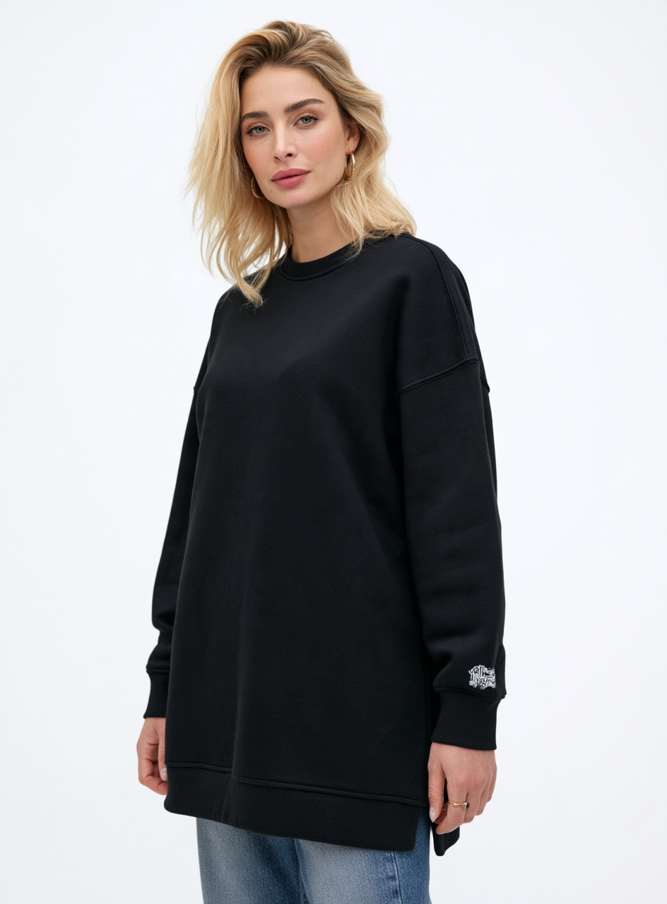 Black Long V-Over Size Sweatshirt Round