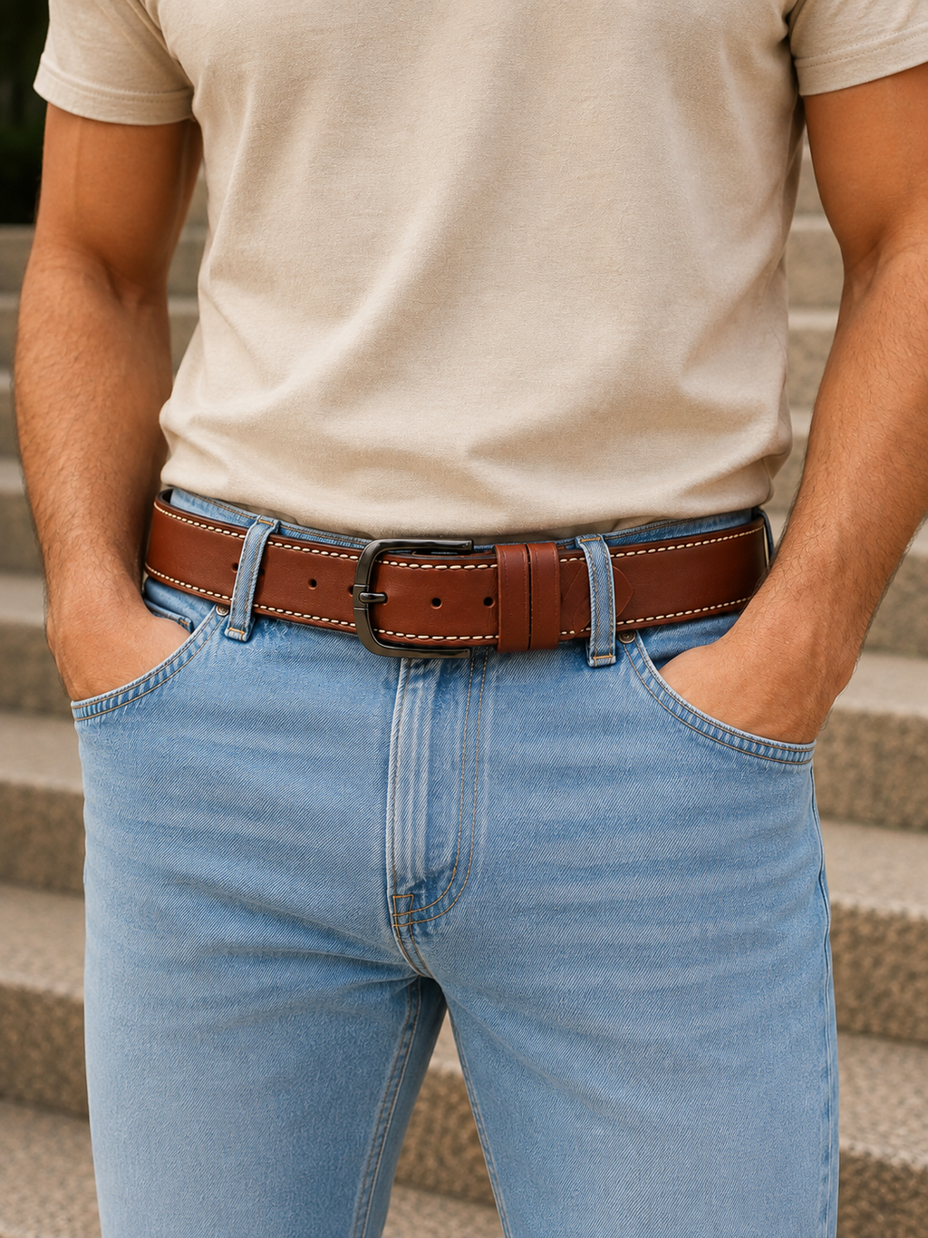 Men's Casual Genuine Leather Belt, Camel — Contrast Stitch