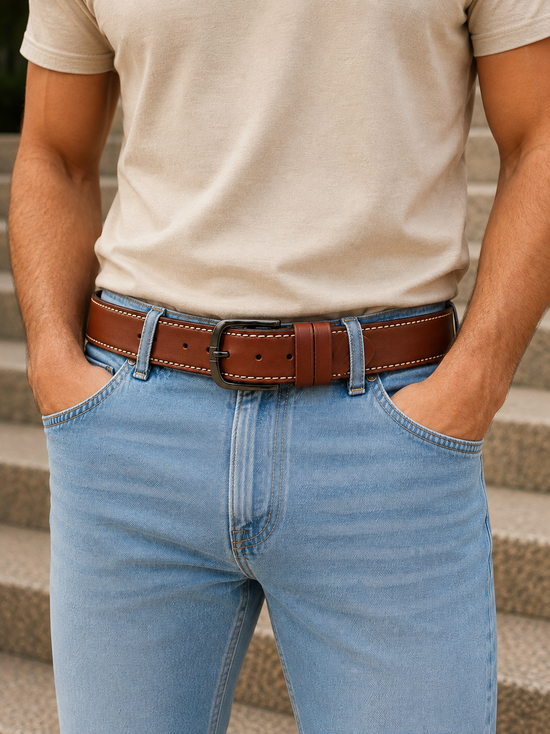Men's Casual Genuine Leather Belt, Camel — Contrast Stitch