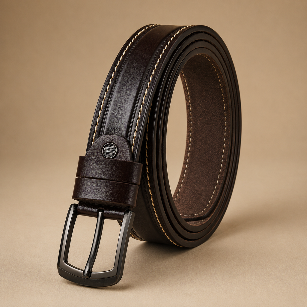 Men's Casual Genuine Leather Belt, Burnt Brown — Contrast Stitch
