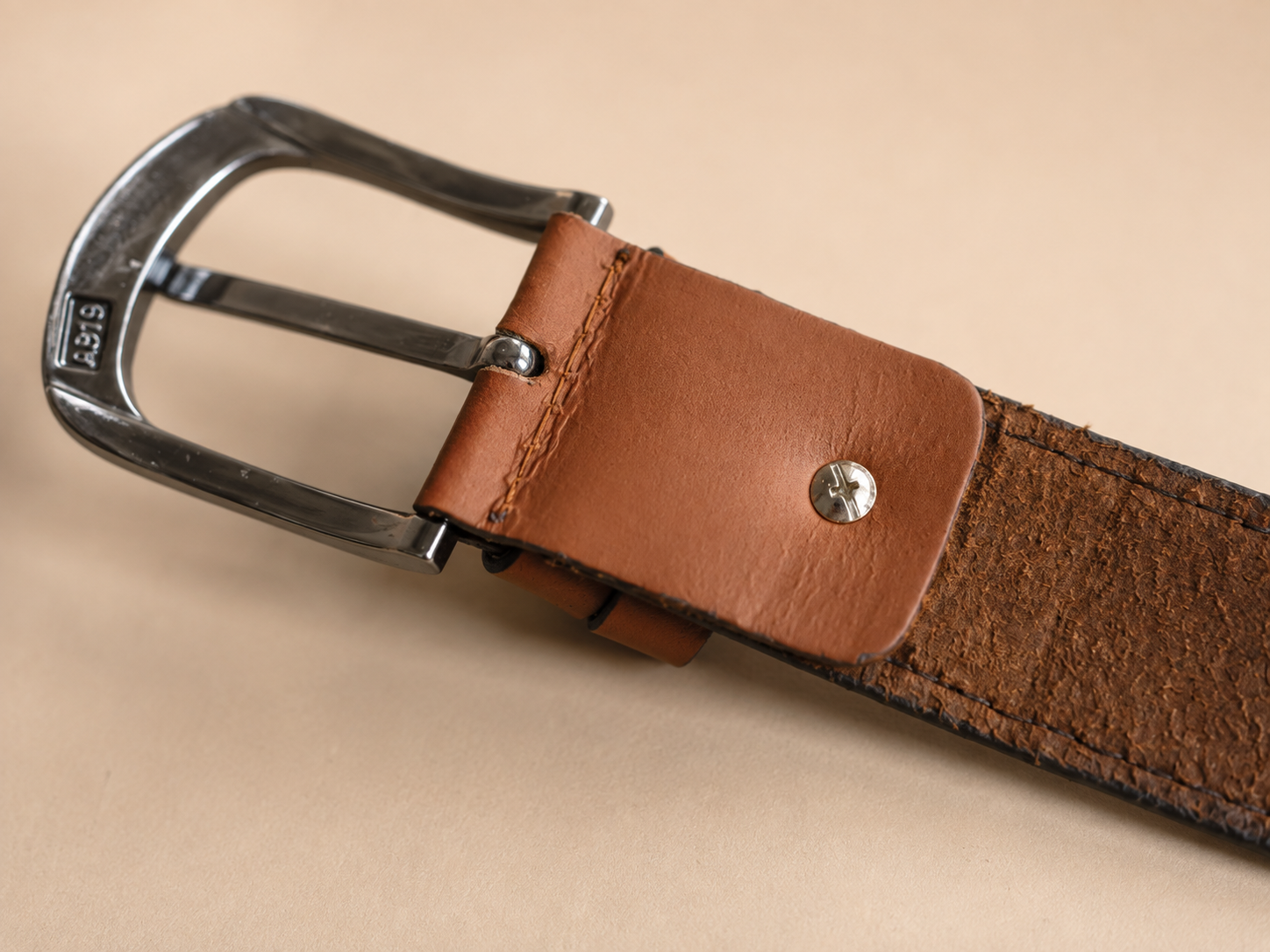 Men's Casual Genuine Leather Belt, Camel — Contrast Stitch