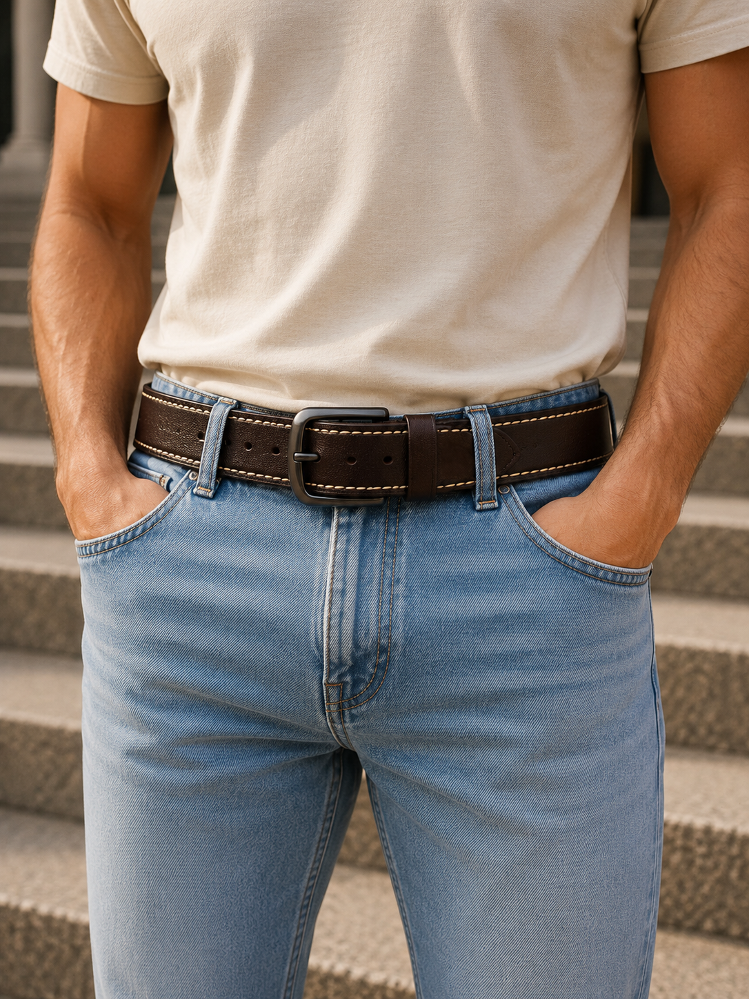 Men's Casual Genuine Leather Belt, Burnt Brown — Contrast Stitch